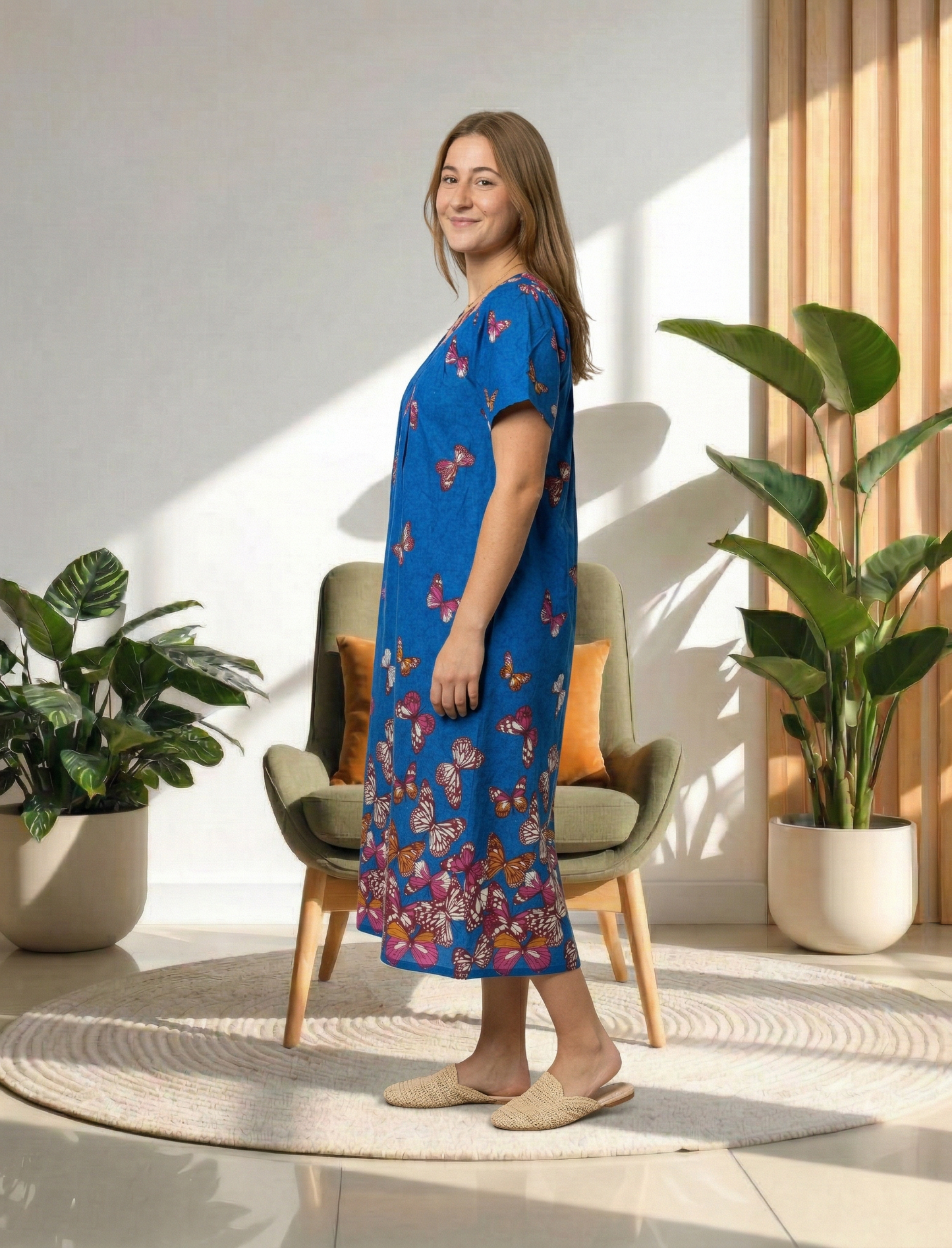 Loungees Women’s Cotton House Dress with Pockets, Short Sleeve Muumuu Caftan, V Neck Yoke Butterfly Print Lounger