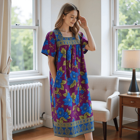Women's Short Sleeve Purple/Blue Floral Lounger House Dress - Square Neck, Contrast Yoke and Hem with Pockets