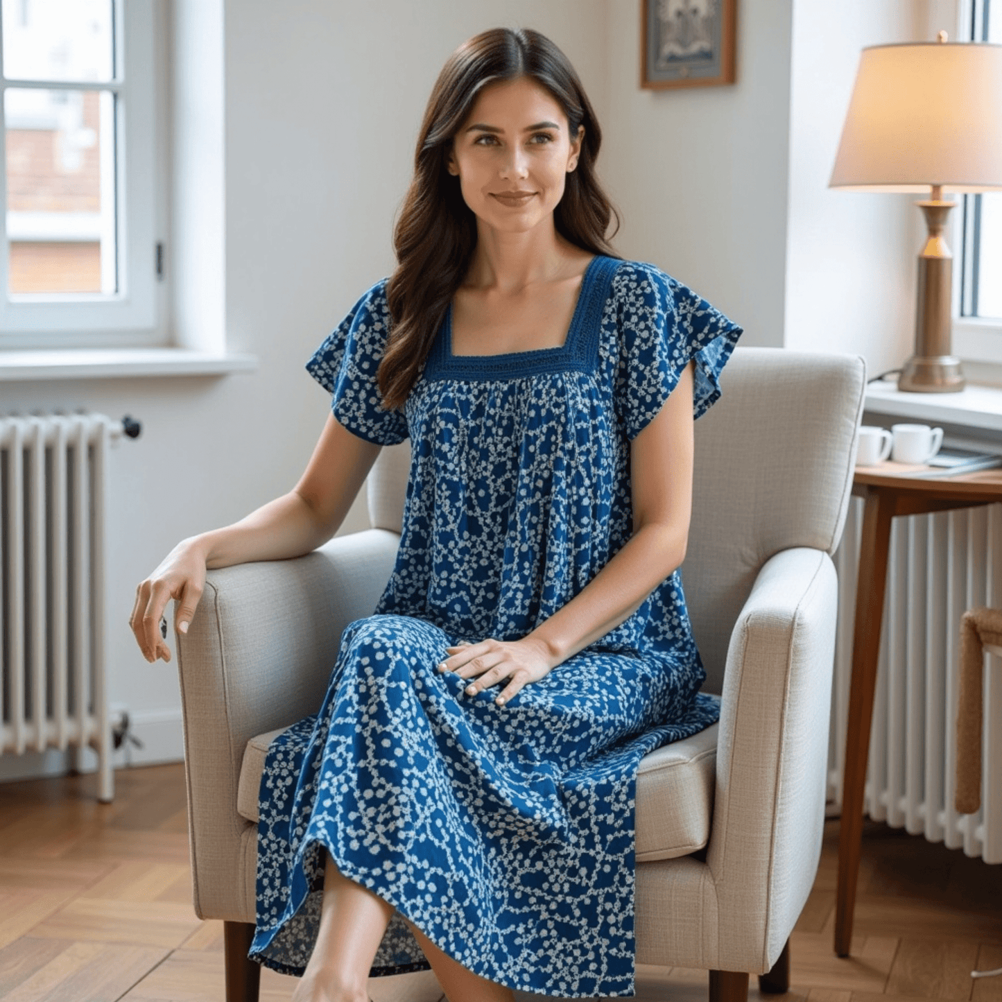 Women's Short Sleeve Blue Print Gauze Lounger House Dress - Crochet Square Neck and Pockets