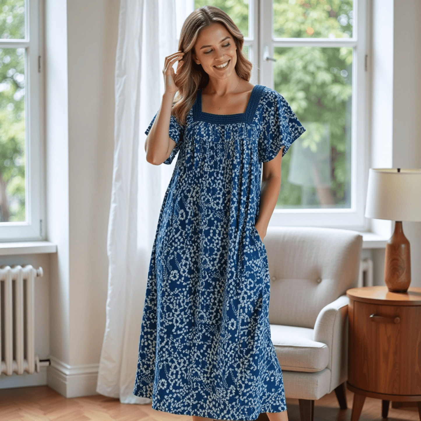 Women's Short Sleeve Blue Print Gauze Lounger House Dress - Crochet Square Neck and Pockets