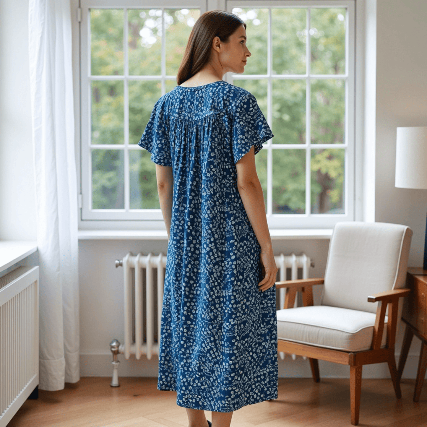 Women's Short Sleeve Blue Print Gauze Lounger House Dress - Crochet Square Neck and Pockets
