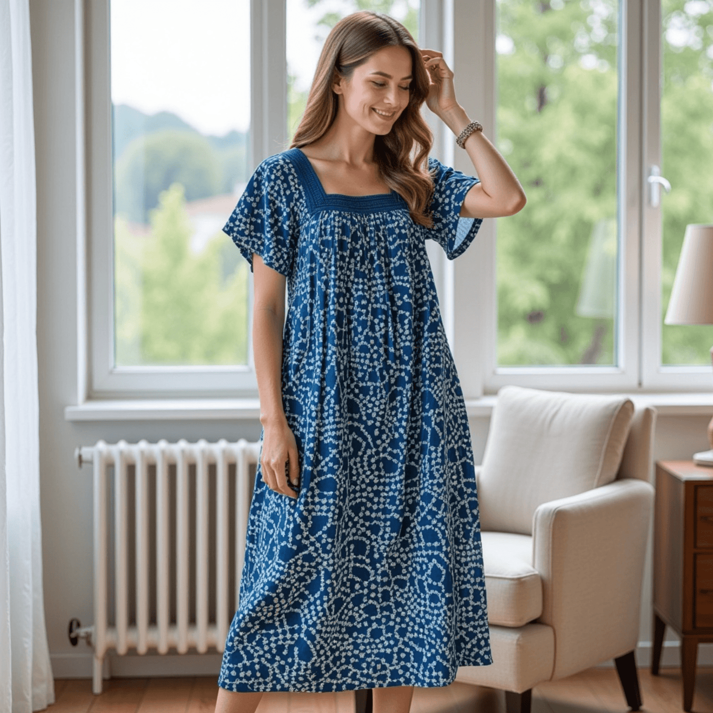 Women's Short Sleeve Blue Print Gauze Lounger House Dress - Crochet Square Neck and Pockets
