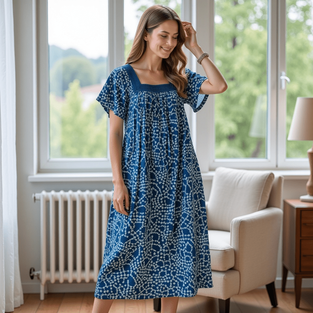 Women's Short Sleeve Blue Print Gauze Lounger House Dress - Crochet Square Neck and Pockets