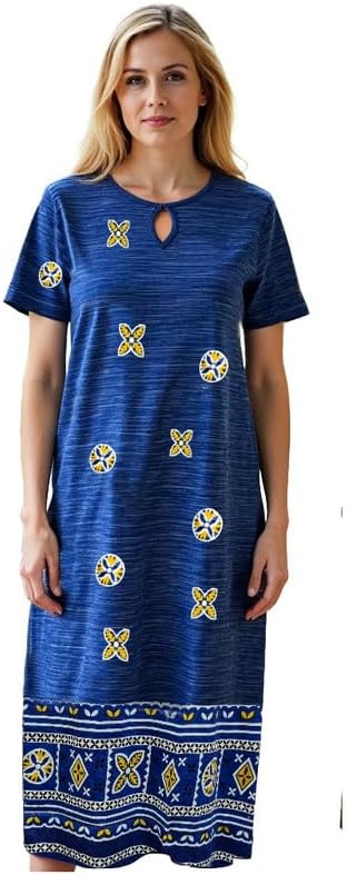 Loungees Short Sleeve Knit Dress with Keyhole Neck | Blue | Plus Size Available