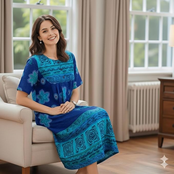 Loungees Women's Petite Cotton House Dress with Pockets, Short Sleeve Muumuu Caftan, Below Knee Lounge Dress