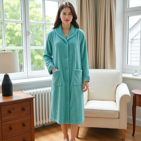 Loungees Women’s Plush Fleece Robe - Mid-Length Cozy Button-Front Bathrobe with Notched Collar, Soft Coral Fleece, Lightweight Robe for Women