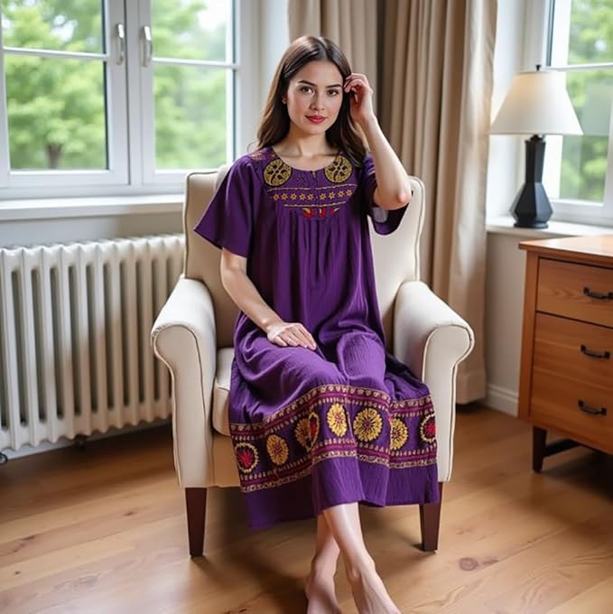 Loungees Women’s Lounge Dress - Boho Midi Muu Muu Dress with Printed Border, Relaxed Fit Crinkle Cotton Gauze, Side Pockets