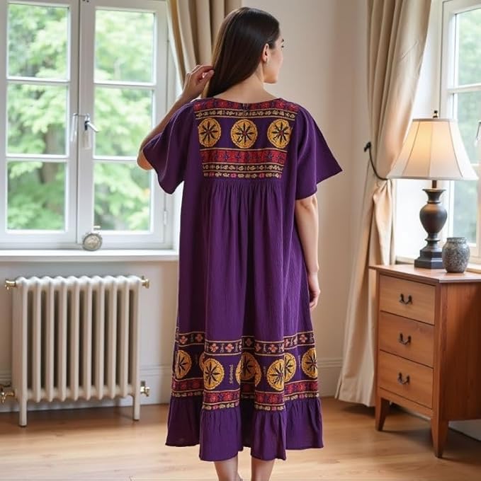 Loungees Women’s Lounge Dress - Boho Midi Muu Muu Dress with Printed Border, Relaxed Fit Crinkle Cotton Gauze, Side Pockets