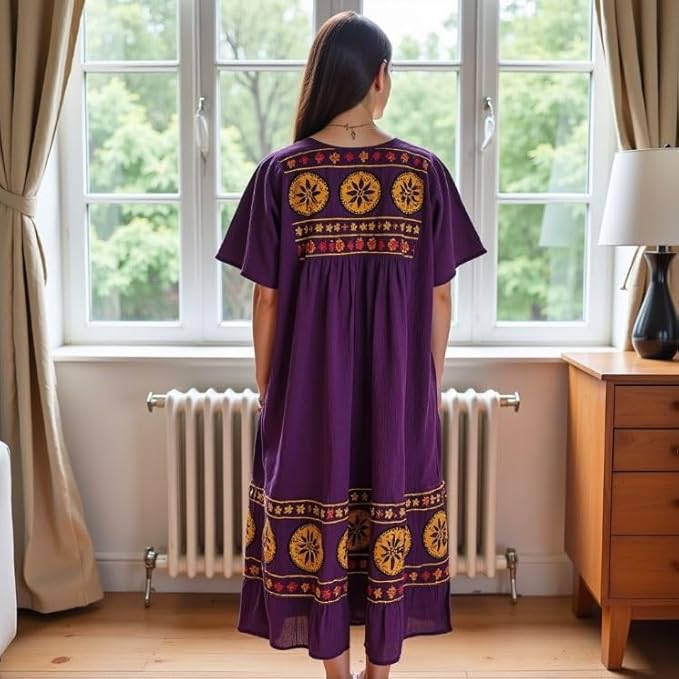 Loungees Women’s Lounge Dress - Boho Midi Muu Muu Dress with Printed Border, Relaxed Fit Crinkle Cotton Gauze, Side Pockets