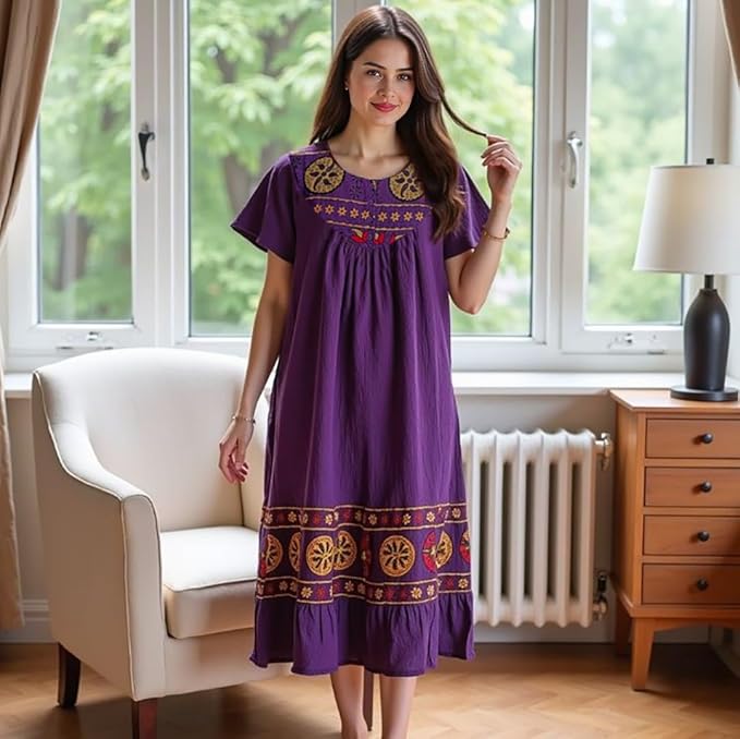 Loungees Women’s Lounge Dress - Boho Midi Muu Muu Dress with Printed Border, Relaxed Fit Crinkle Cotton Gauze, Side Pockets