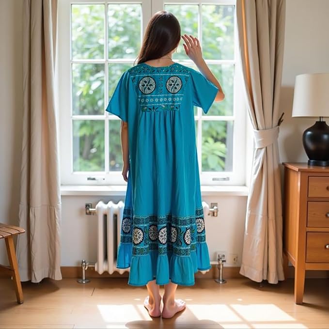 Loungees Women’s Lounge Dress - Boho Midi Muu Muu Dress with Printed Border, Relaxed Fit Crinkle Cotton Gauze, Side Pockets