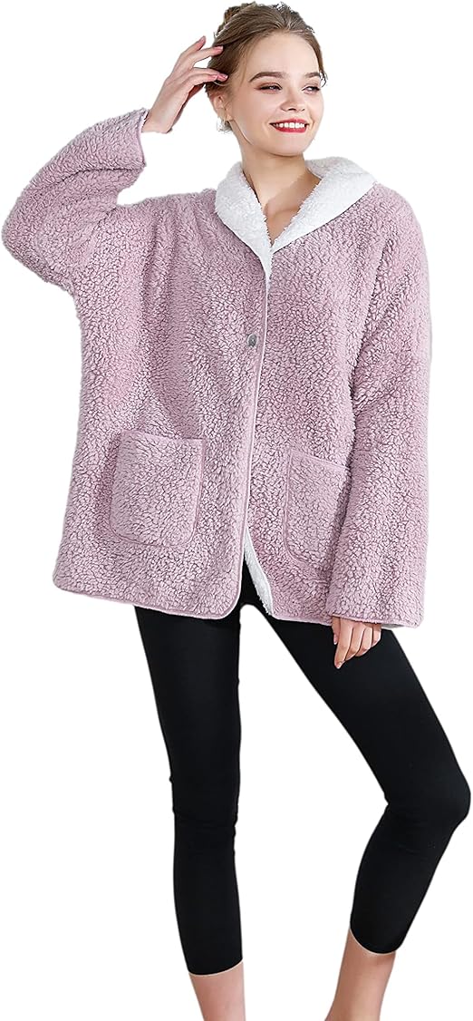 Women's Lilac/Ivory Sherpa Plush Reversible Button Front Bed Jacket