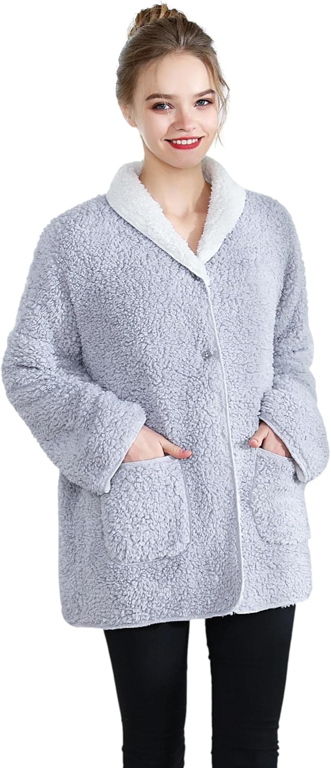 Women's Lilac/Ivory Sherpa Plush Reversible Button Front Bed Jacket