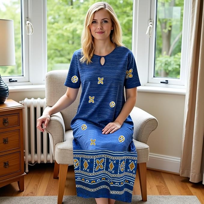 Loungees Short Sleeve Knit Dress with Keyhole Neck | Blue | Plus Size Available
