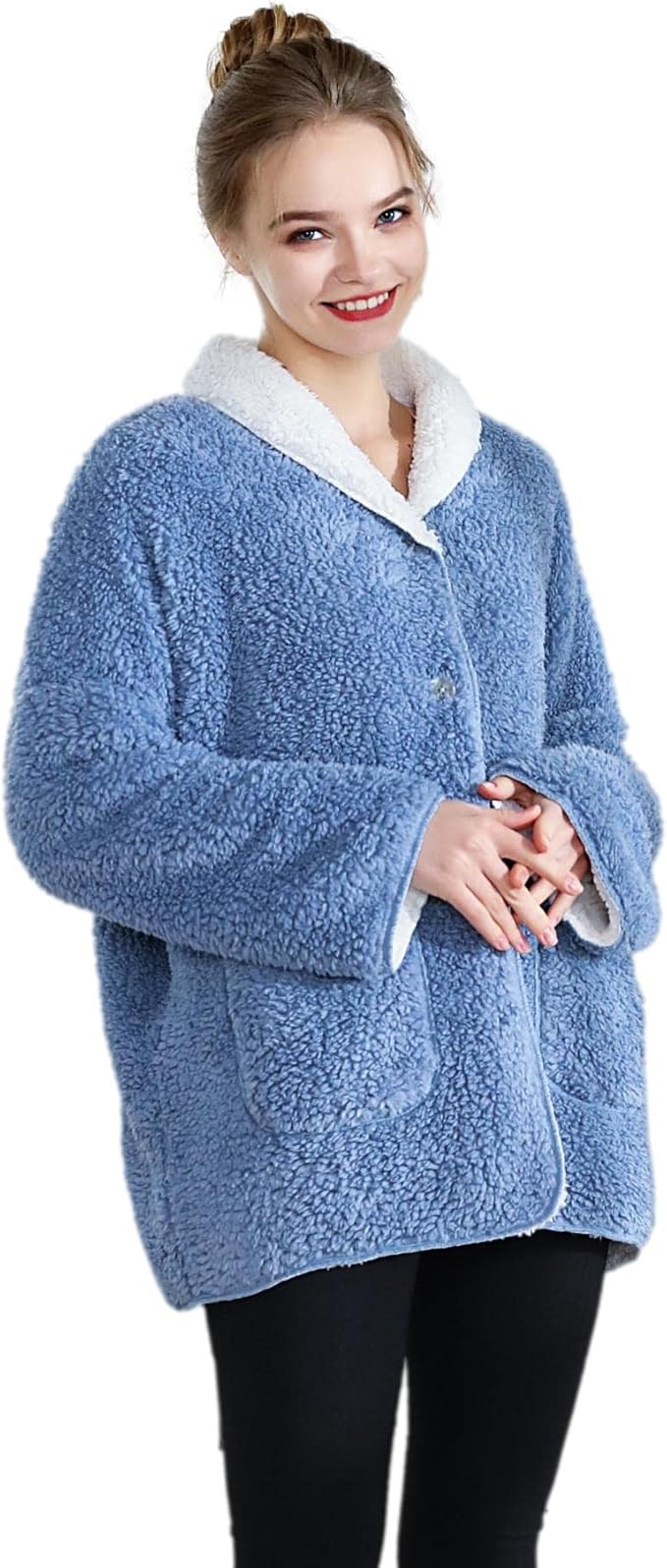 Women's Plus Denim Blue/Ivory Sherpa Plush Reversible Button Front Bed Jacket