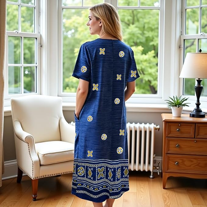 Loungees Short Sleeve Knit Dress with Keyhole Neck | Blue | Plus Size Available