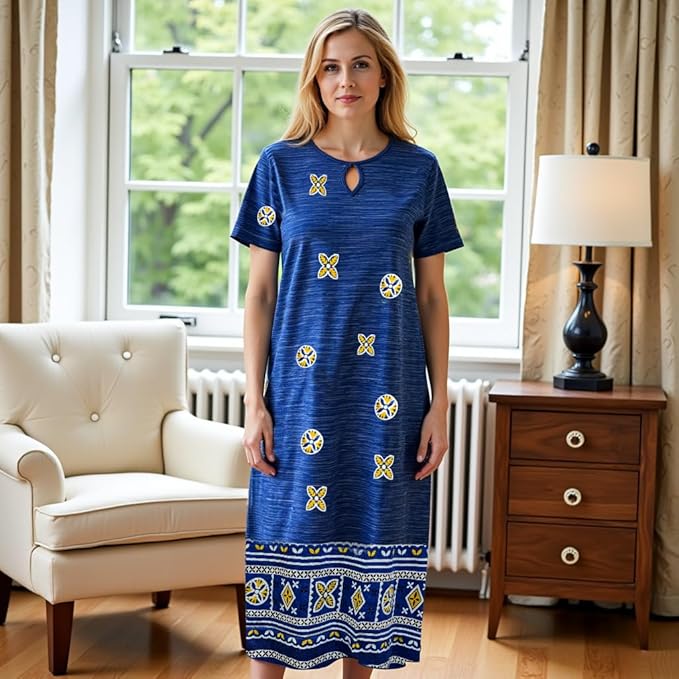 Loungees Short Sleeve Knit Dress with Keyhole Neck | Blue | Plus Size Available
