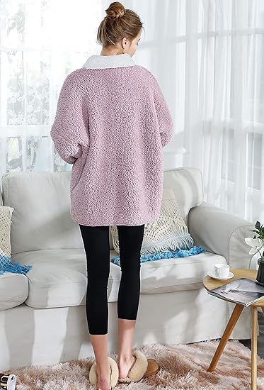 Women's Lilac/Ivory Sherpa Plush Reversible Button Front Bed Jacket