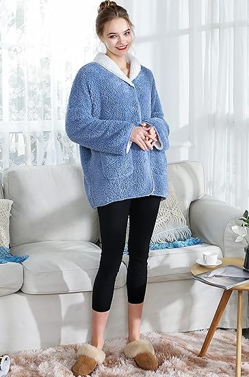 Women's Plus Denim Blue/Ivory Sherpa Plush Reversible Button Front Bed Jacket