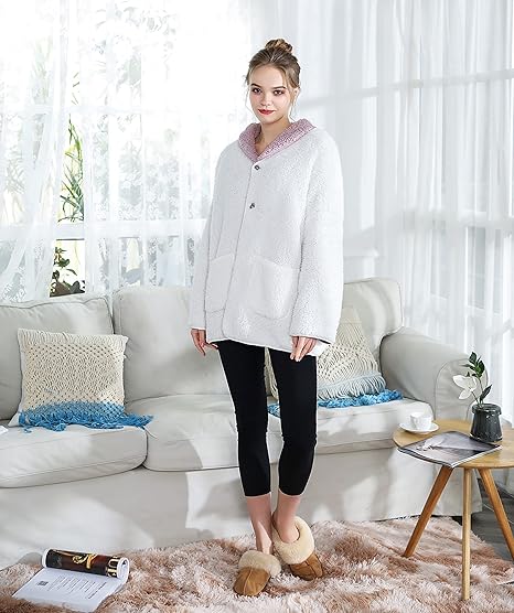 Women's Lilac/Ivory Sherpa Plush Reversible Button Front Bed Jacket