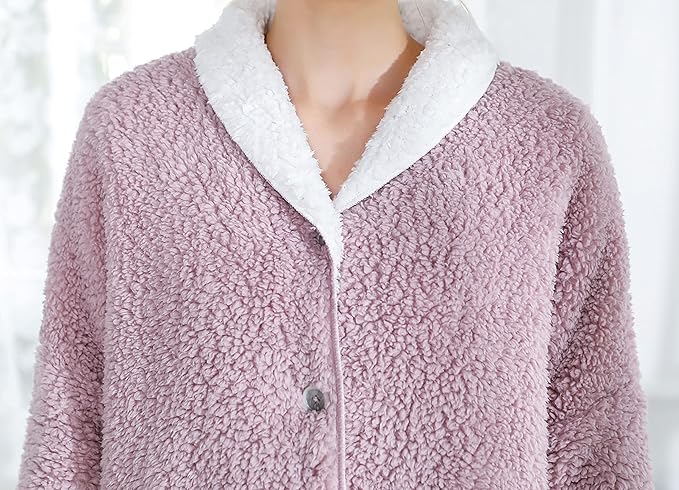 Women's Lilac/Ivory Sherpa Plush Reversible Button Front Bed Jacket