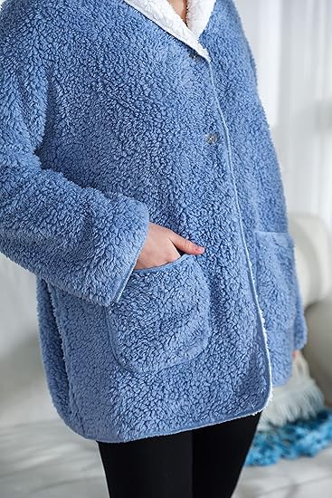 Women's Plus Denim Blue/Ivory Sherpa Plush Reversible Button Front Bed Jacket