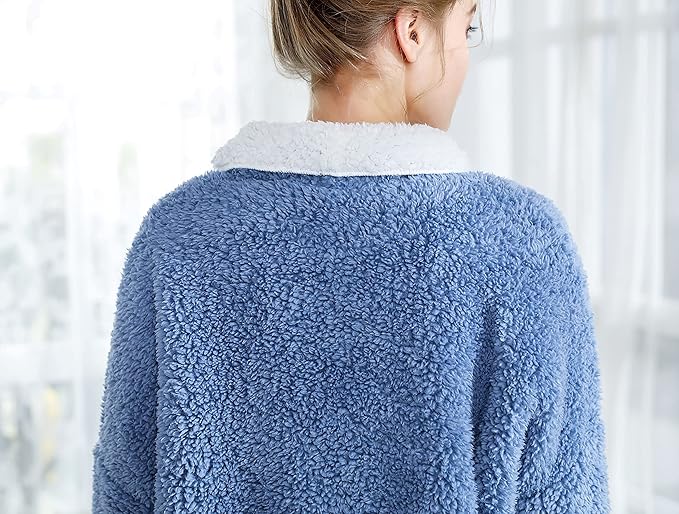 Women's Plus Denim Blue/Ivory Sherpa Plush Reversible Button Front Bed Jacket