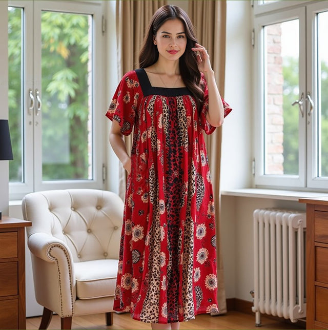 Loungees Women’s Cotton Gauze House Dress with Pockets, Muumuu Caftan Dress, Square Neck Crochet Trim Lounger, Relaxed Fit