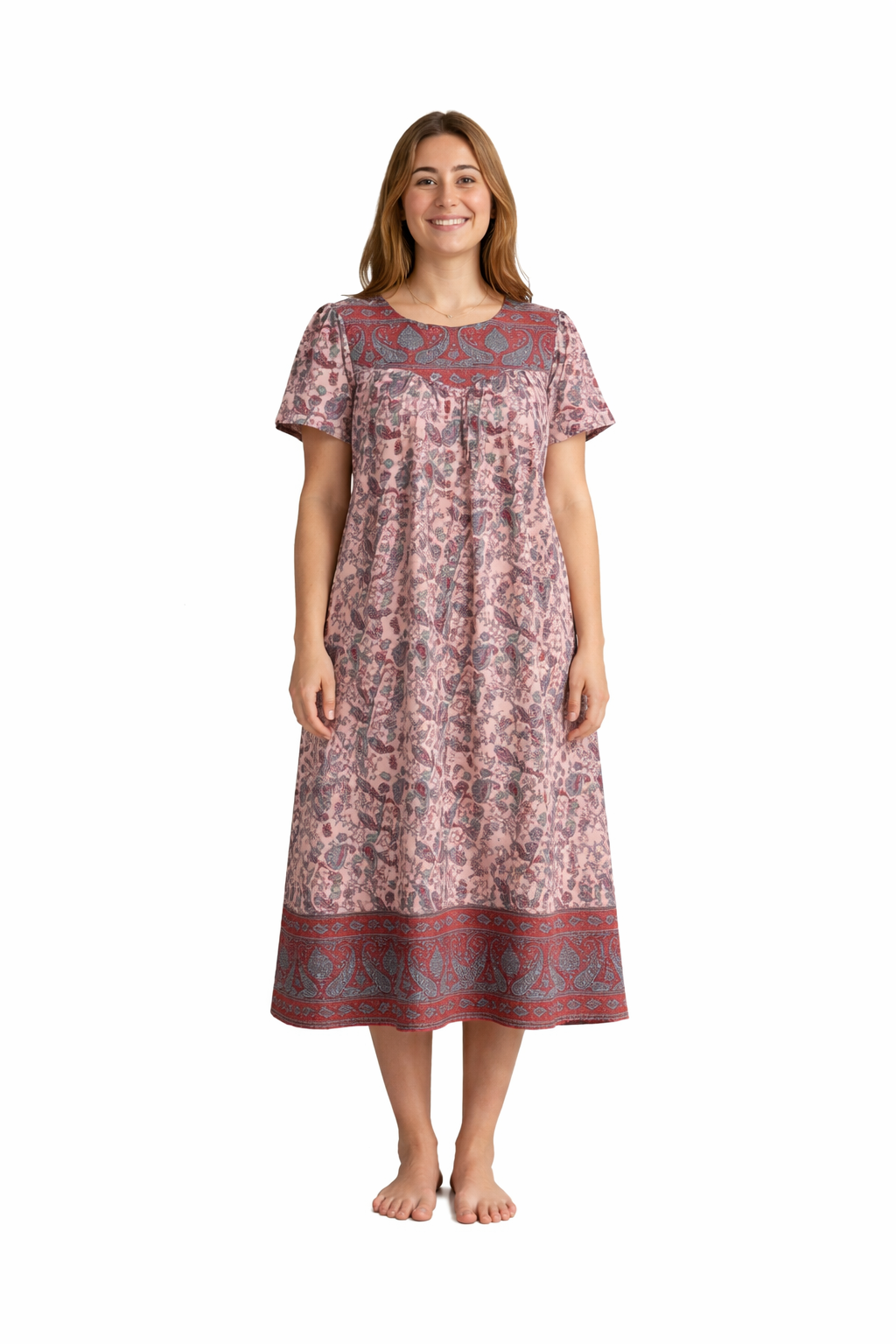Loungees Women’s Cotton House Dress with Pockets, Short Sleeve Muumuu Caftan, Sweetheart Neck Lounger