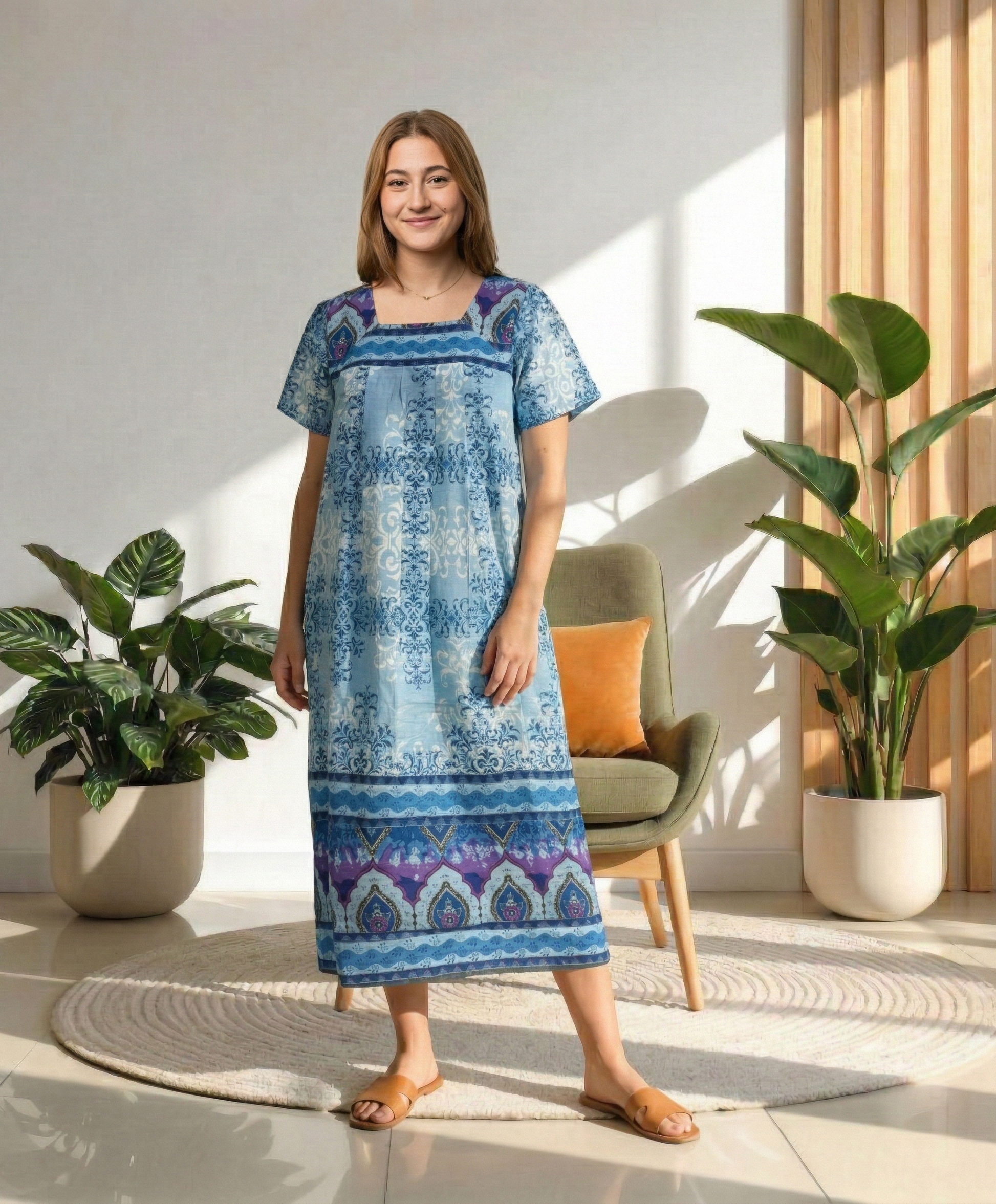 Loungees Women’s Cotton Floral House Dress with Pockets, Short Sleeve Muumuu Caftan, Square Neck Contrast Yoke Lounger XL