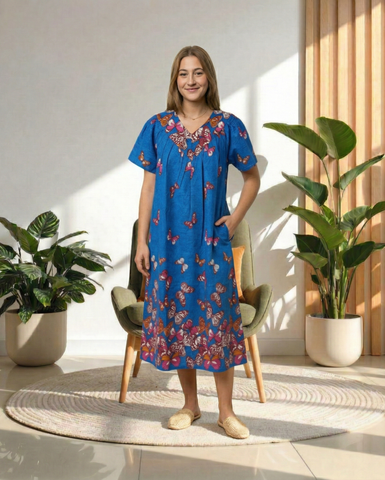 Loungees Women’s Cotton House Dress with Pockets, Short Sleeve Muumuu Caftan, V Neck Yoke Butterfly Print Lounger