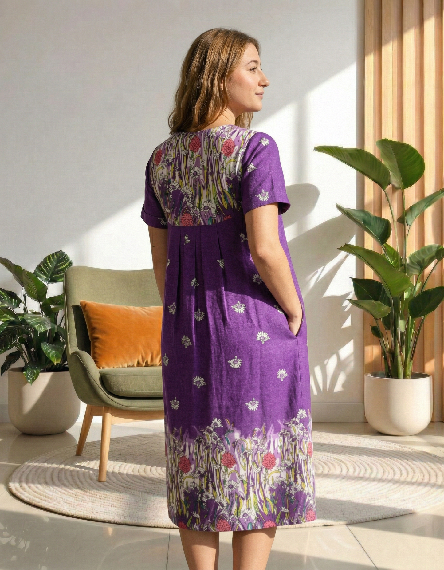 Loungees Women’s Cotton House Dress with Pockets, Short Sleeve Muumuu Caftan, Border Print Bib Yoke Lounger