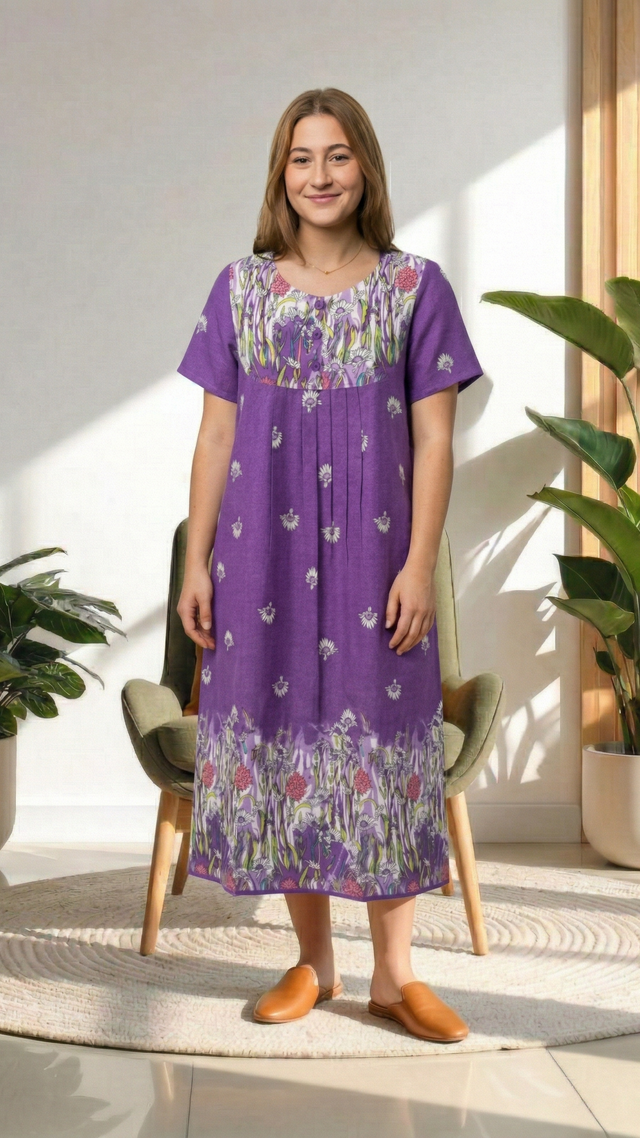 Loungees Women’s Cotton House Dress with Pockets, Short Sleeve Muumuu Caftan, Border Print Bib Yoke Lounger