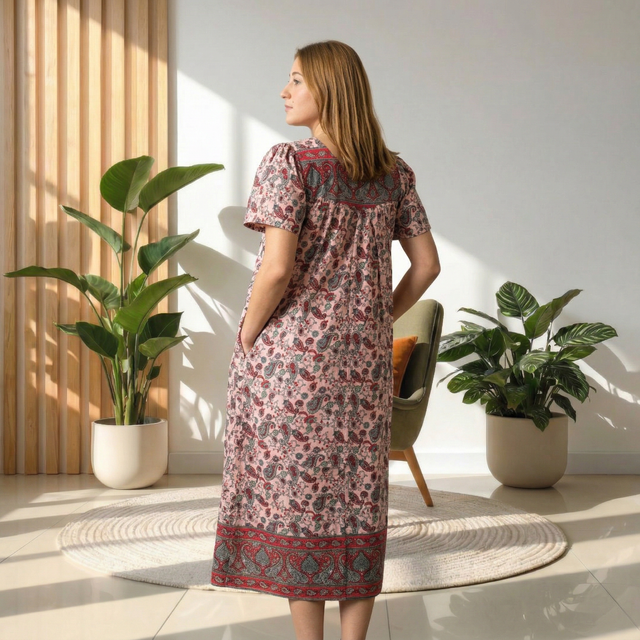 Loungees Women’s Cotton House Dress with Pockets, Short Sleeve Muumuu Caftan, Sweetheart Neck Lounger