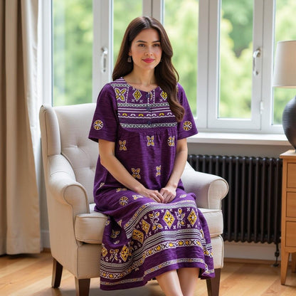Border Print Cotton Caftan Lounge Dress Loungees USA 3X / Purple Border Print Cotton Caftan Lounge Dress Loungees USA 3X / Purple