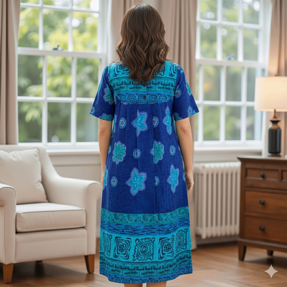 Loungees Women’s 100% Cotton Lounge Dress – Navy House Dress & Casual Caftan, Short Sleeve Relaxed Fit with Pockets