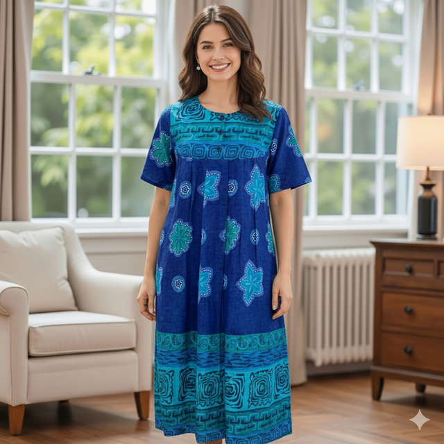 Loungees Women’s 100% Cotton Lounge Dress – Navy House Dress & Casual Caftan, Short Sleeve Relaxed Fit with Pockets