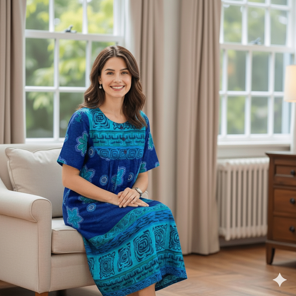 Loungees Women’s 100% Cotton Lounge Dress – Navy House Dress & Casual Caftan, Short Sleeve Relaxed Fit with Pockets