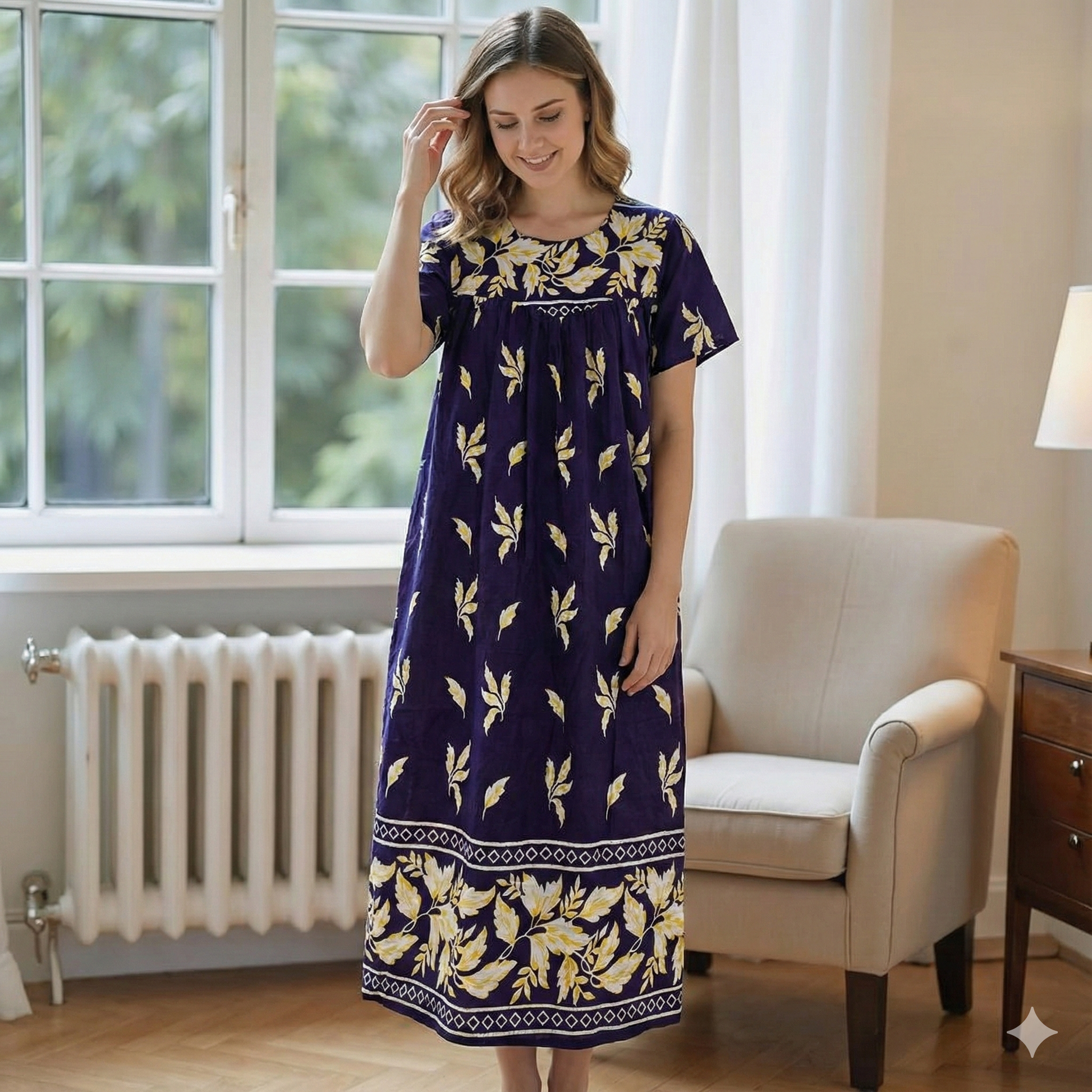 Loungees Women's Cotton House Dress with Pockets, Floral Muumuu Caftan, Short Sleeve Boho Lounge Dress
