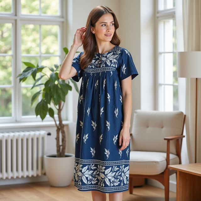 Women's Short Sleeve Royal Lounger House Dress - Contrast Yoke and Hem with Pockets
