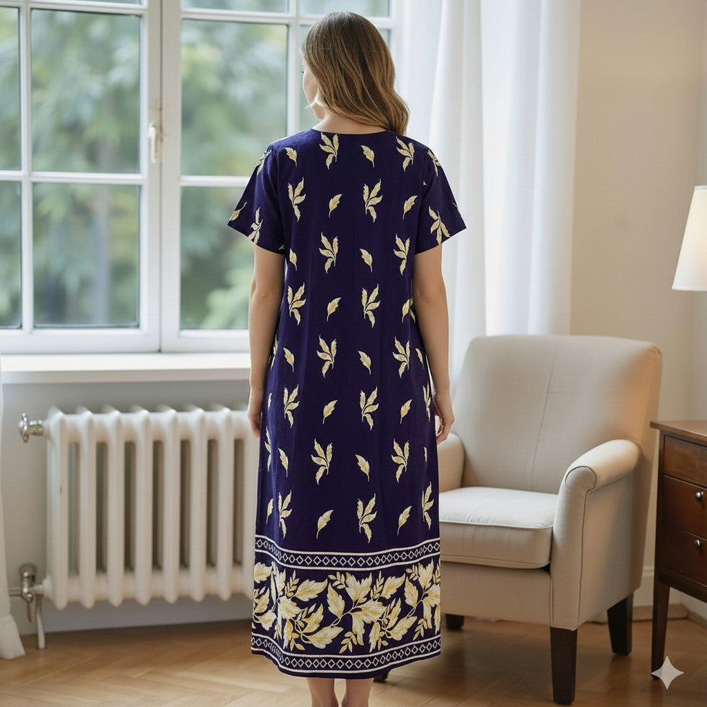 Loungees Women's Cotton House Dress with Pockets, Floral Muumuu Caftan, Short Sleeve Boho Lounge Dress