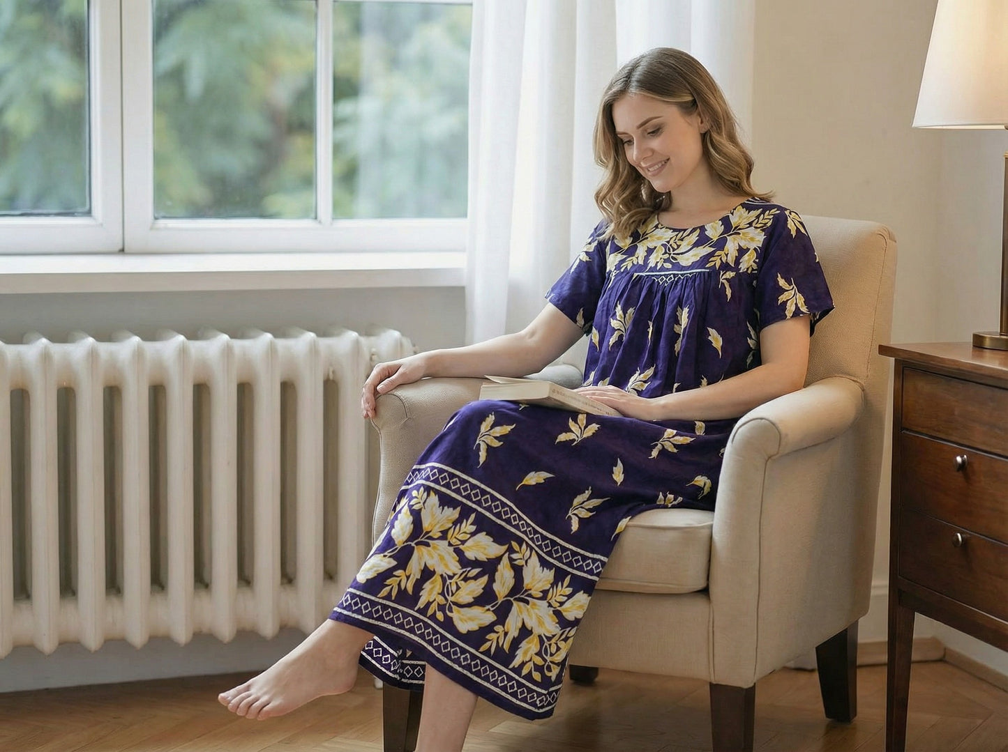 Loungees Women's Cotton House Dress with Pockets, Floral Muumuu Caftan, Short Sleeve Boho Lounge Dress