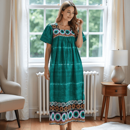 Women's Short Sleeve Teal Lounger House Dress - Contrast Yoke and Hem with Pockets