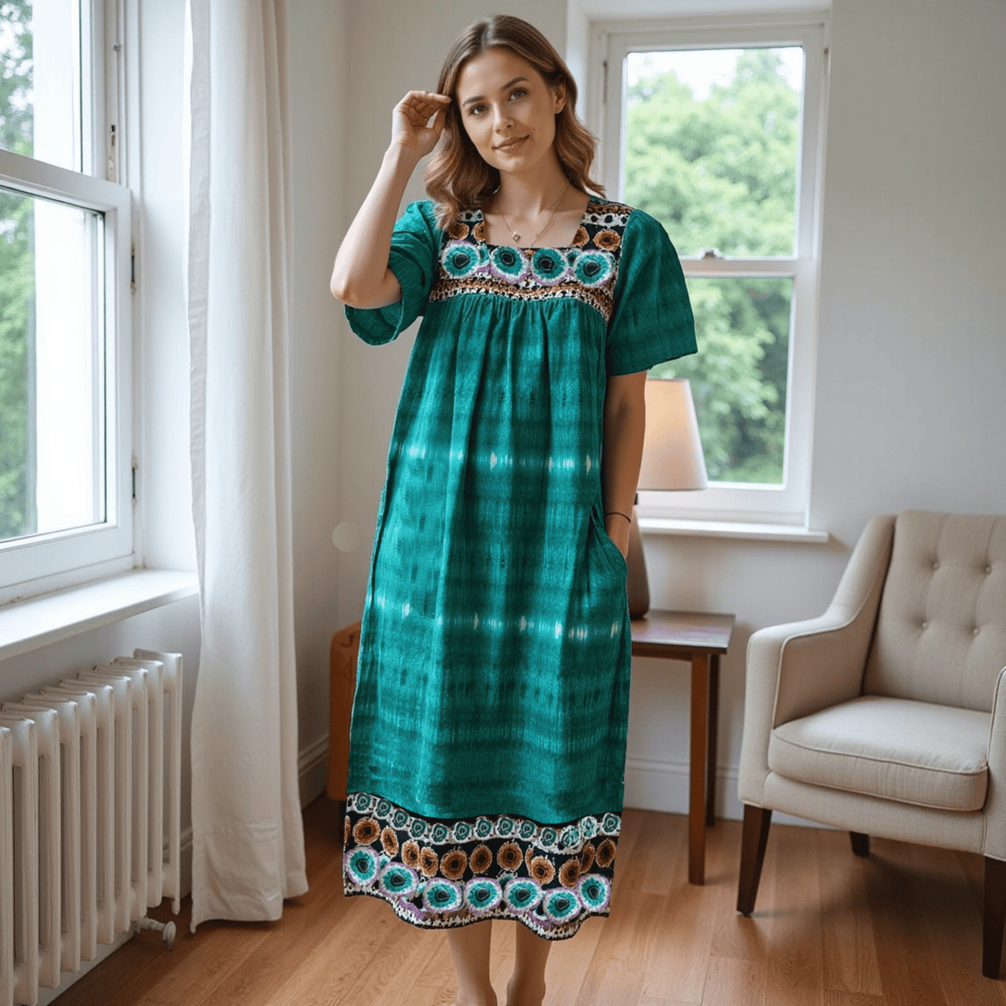 Women's Short Sleeve Teal Lounger House Dress - Contrast Yoke and Hem with Pockets