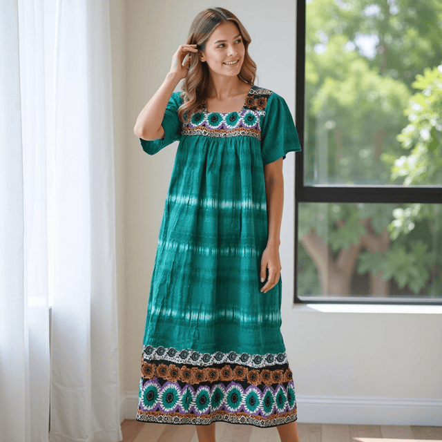Women's Short Sleeve Teal Lounger House Dress - Contrast Yoke and Hem with Pockets