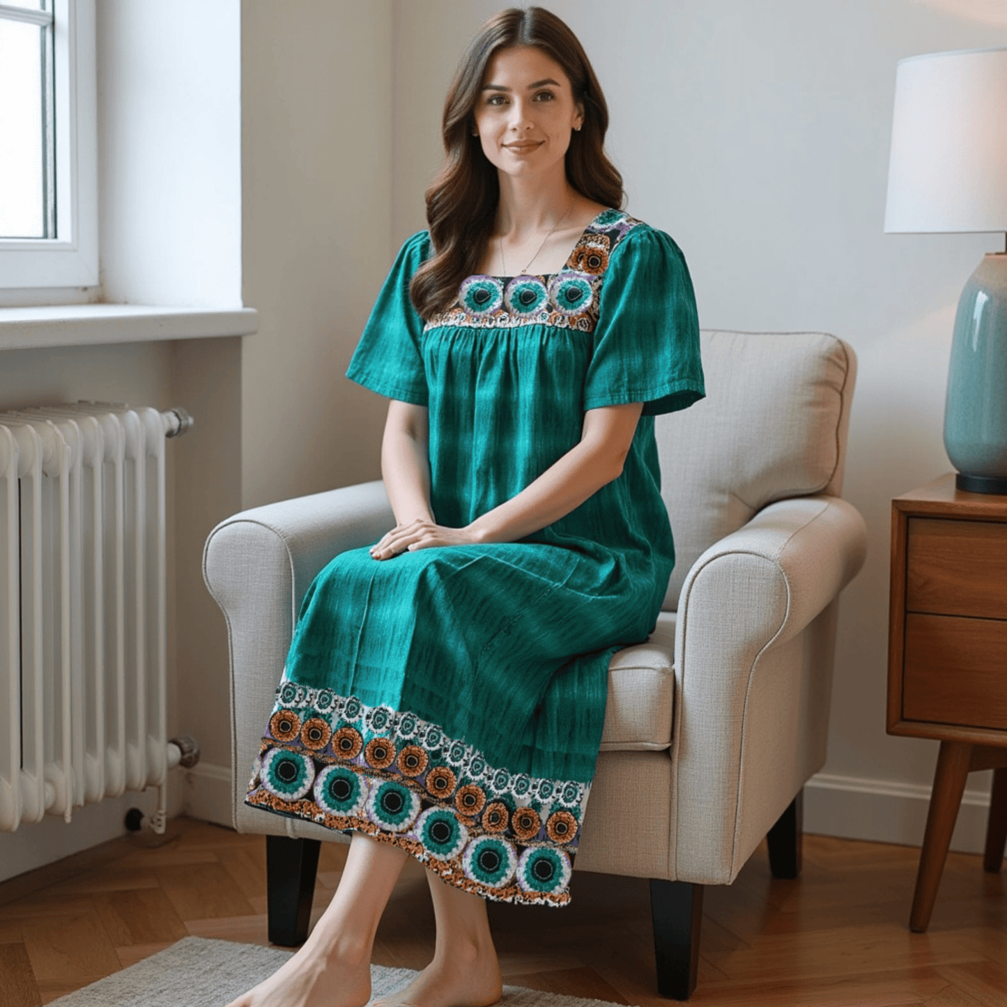 Women's Short Sleeve Teal Lounger House Dress - Contrast Yoke and Hem with Pockets