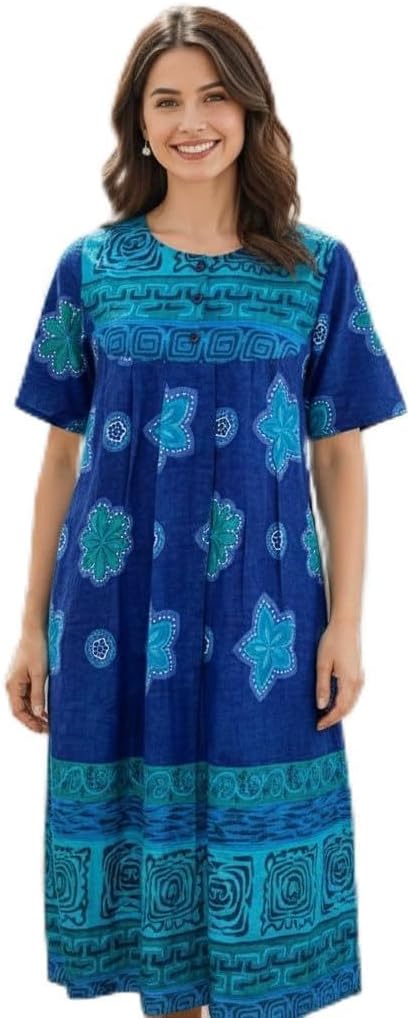 Loungees Women's Petite Cotton House Dress with Pockets, Short Sleeve Muumuu Caftan, Below Knee Lounge Dress