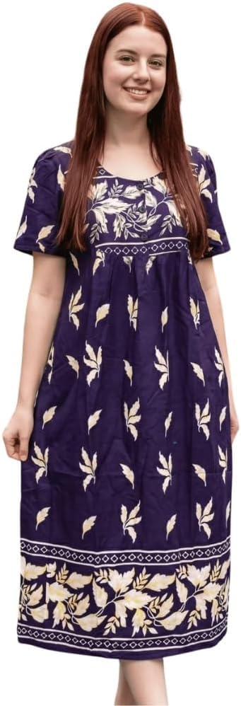 Loungees Women's Petite Cotton House Dress with Pockets, Short Sleeve Muumuu Dress, Casual Caftan Home Wear
