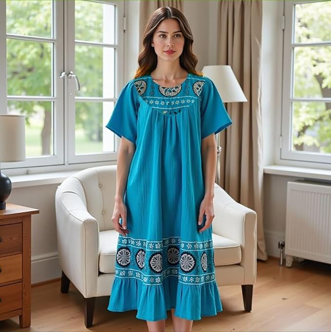 Loungees Women’s Lounge Dress - Boho Midi Muu Muu Dress with Printed Border, Relaxed Fit Crinkle Cotton Gauze, Side Pockets