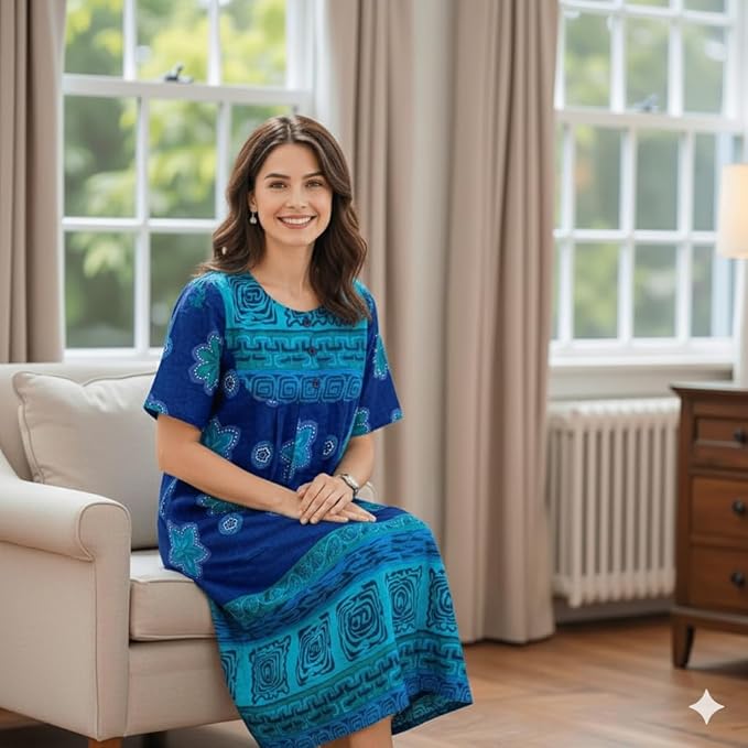 Loungees Women's Petite Cotton House Dress with Pockets, Short Sleeve Muumuu Caftan, Below Knee Lounge Dress